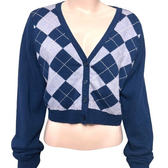 Aeropostale Light Blue Navy Blue Argyle Style Crop Top Cardigan Sweater Size XLG - Picture 1 of 8
